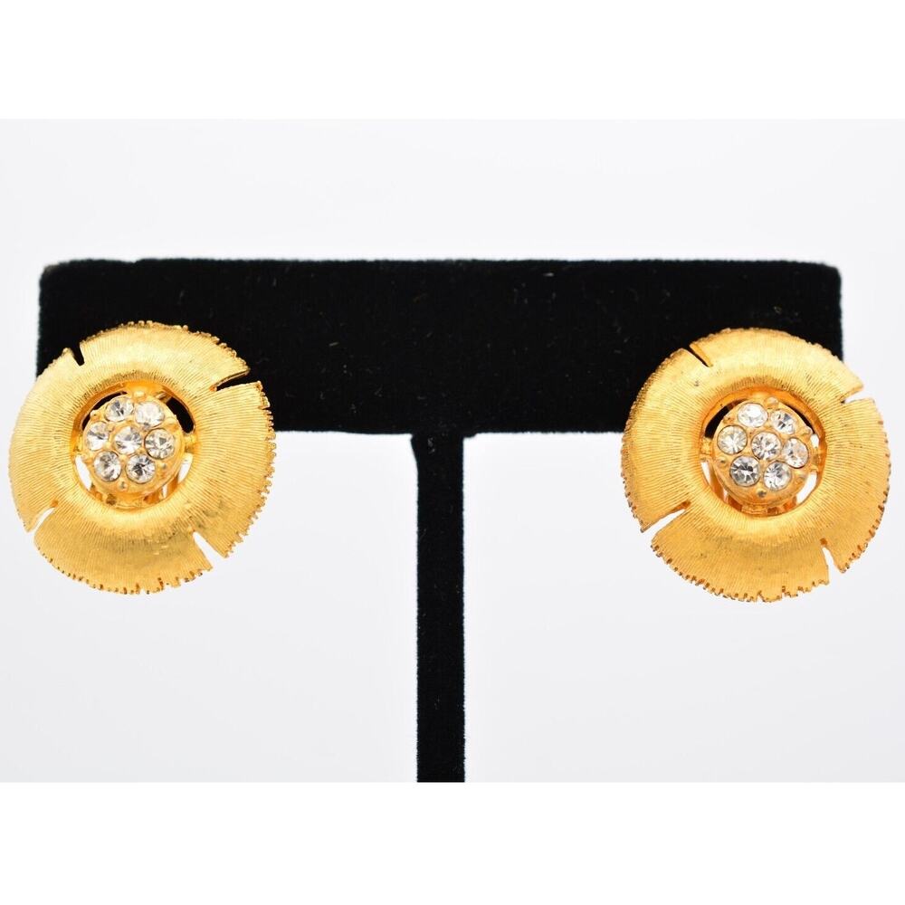 Vintage Flower Clip On Earrings Brushed Gold Chunky Crystal Textured 1980s BinAA